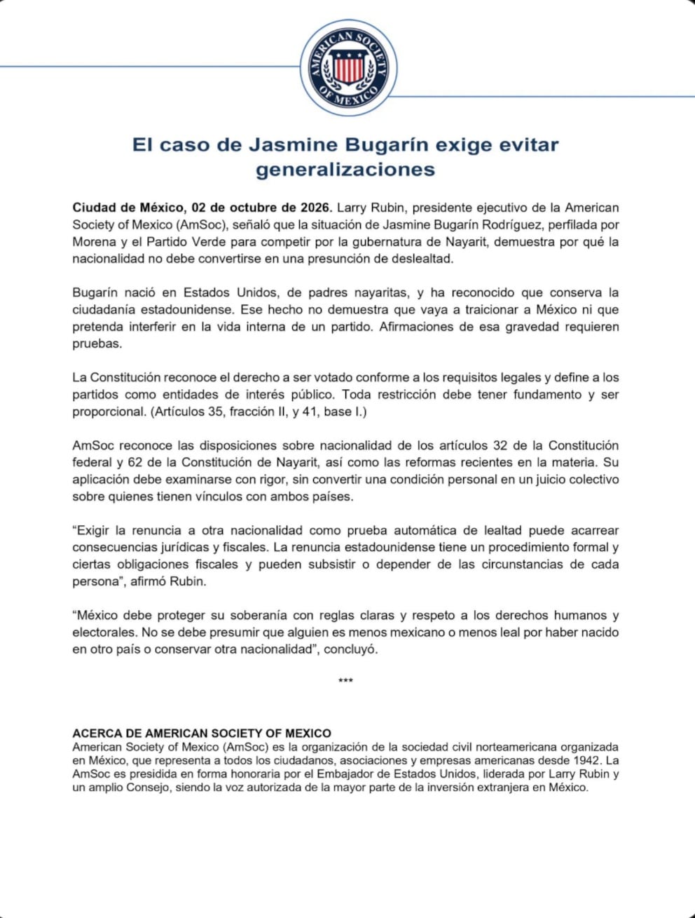 Larry Rubin defiende la doble nacionalidad de Jasmine Bugarín