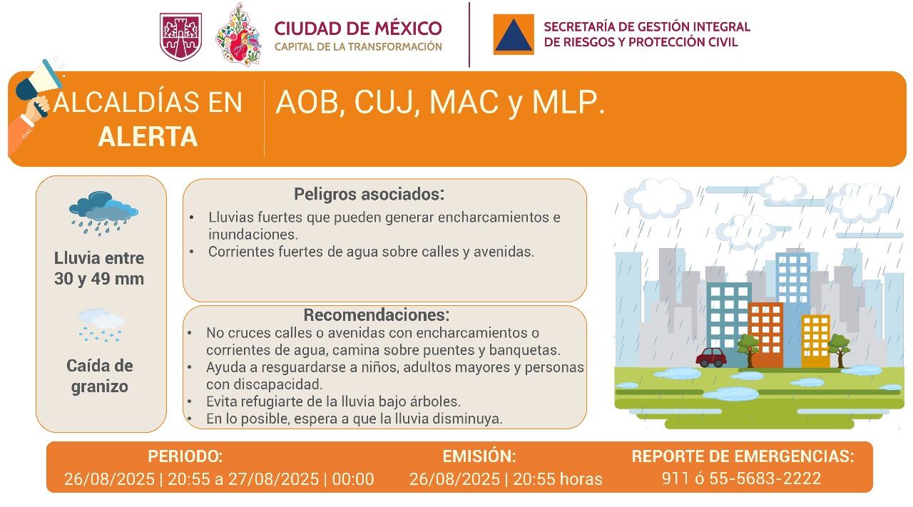 Alerta Naranja en CDMX por lluvias hoy 26 de agosto
