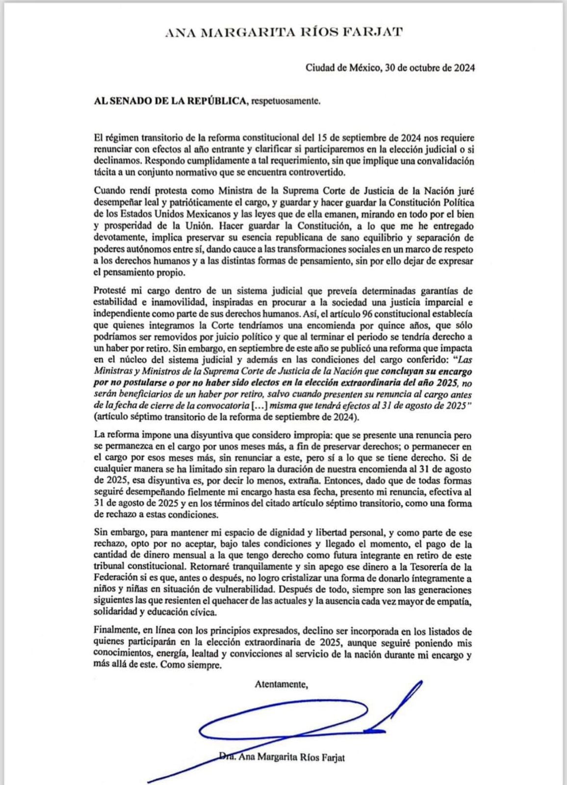 Esta es la carta de renuncia de la ministra Margarita Ríos Farjat.