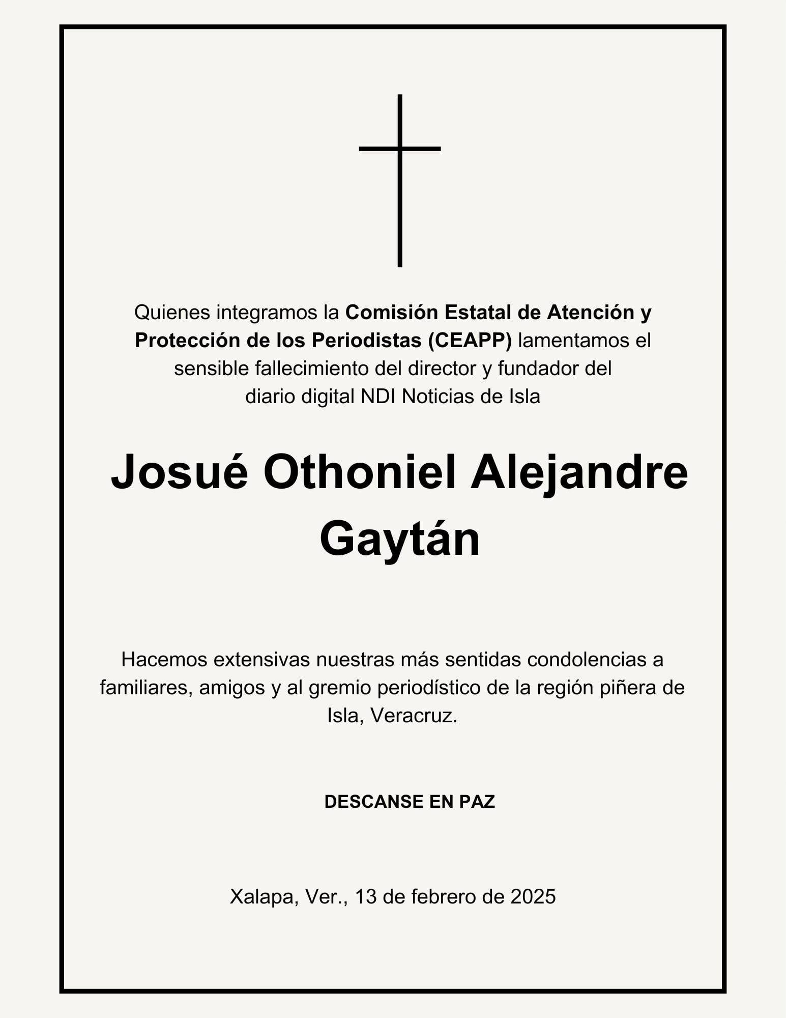 Comisión Estatal para la Atención y Protección de los Periodistas de Veracruz lamenta muerte de Josué Othoniel Alejandre Gaytán