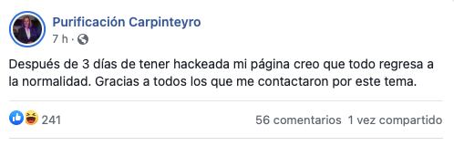 Purificación Carpinteyro recupera su cuenta de Facebook tras hackeo