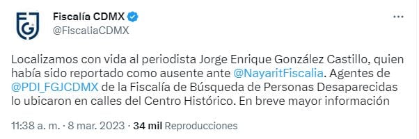 Localizan con vida al periodista Jorge Enrique González Castillo en CDMX