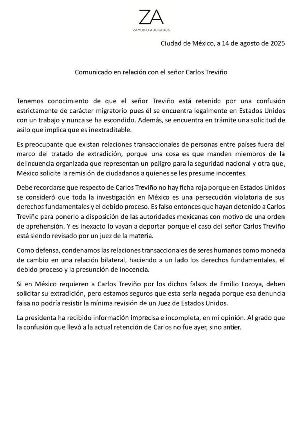 Comunicado del abogado de Carlos Treviño, recién detenido en Estados Unidos.