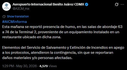 Reportan humo en Terminal 2 del AICM; autoridades descartan lesionados