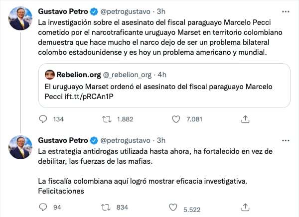 Gustavo Petro, presidente de Colombia considera que la estrategia antidrogas fortalece a las mafias/@petrogustavo