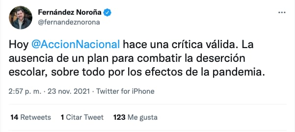 Tuit de Fernández Noroña reconoce como una crítica válida del PAN/ @fernandeznorona
