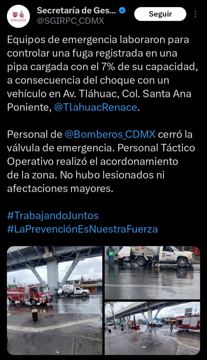 Fuga en pipa de gas en Tláhuac