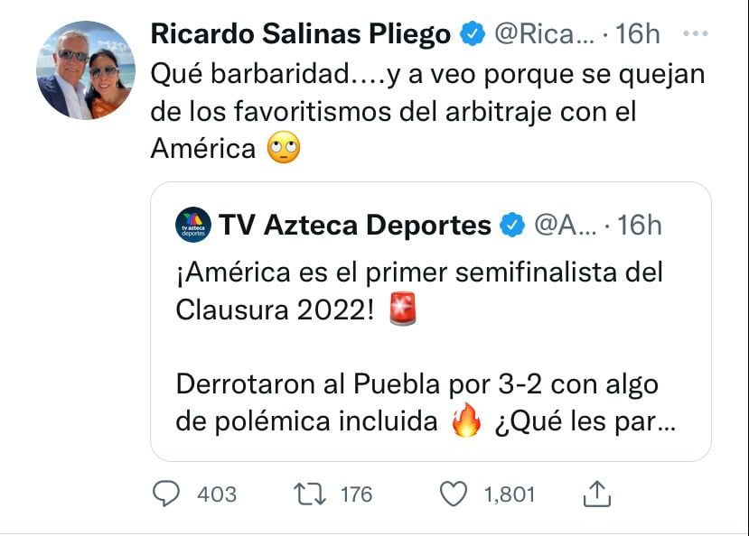 Ricardo Salinas Pliego se quejó de las "ayudas" arbitrales al Club América.