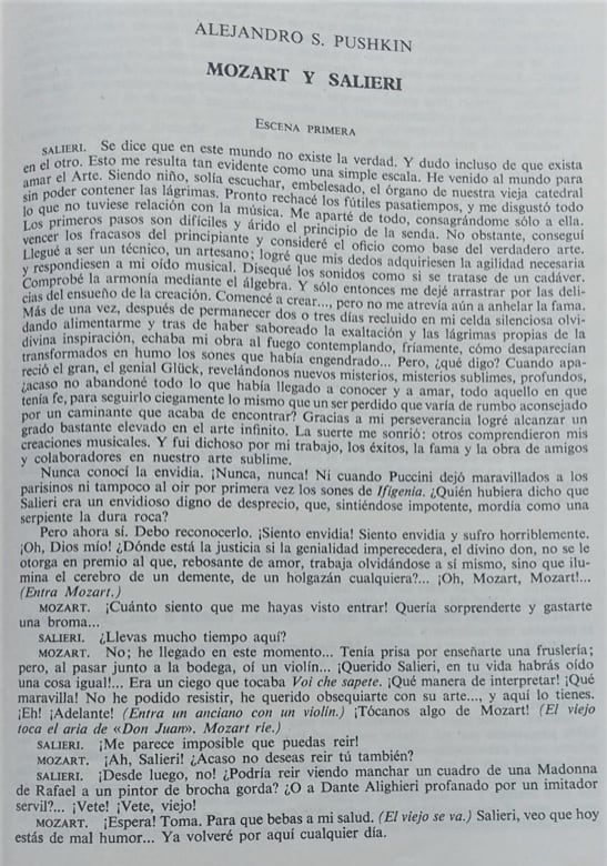 Mozart y Salieri, de Pushkin; primera página.