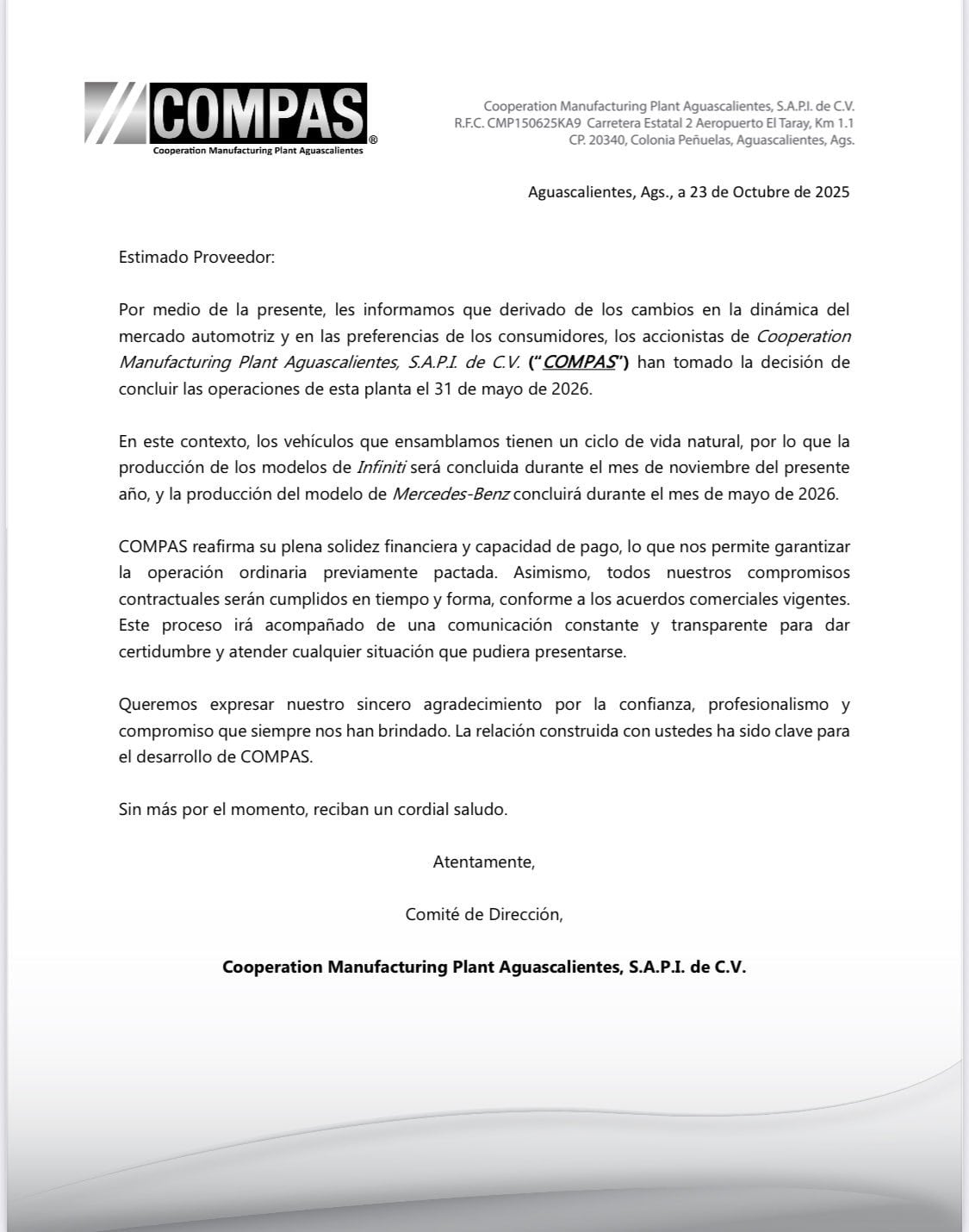 COMPAS cerrará su planta automotriz en Aguascalientes en 2026