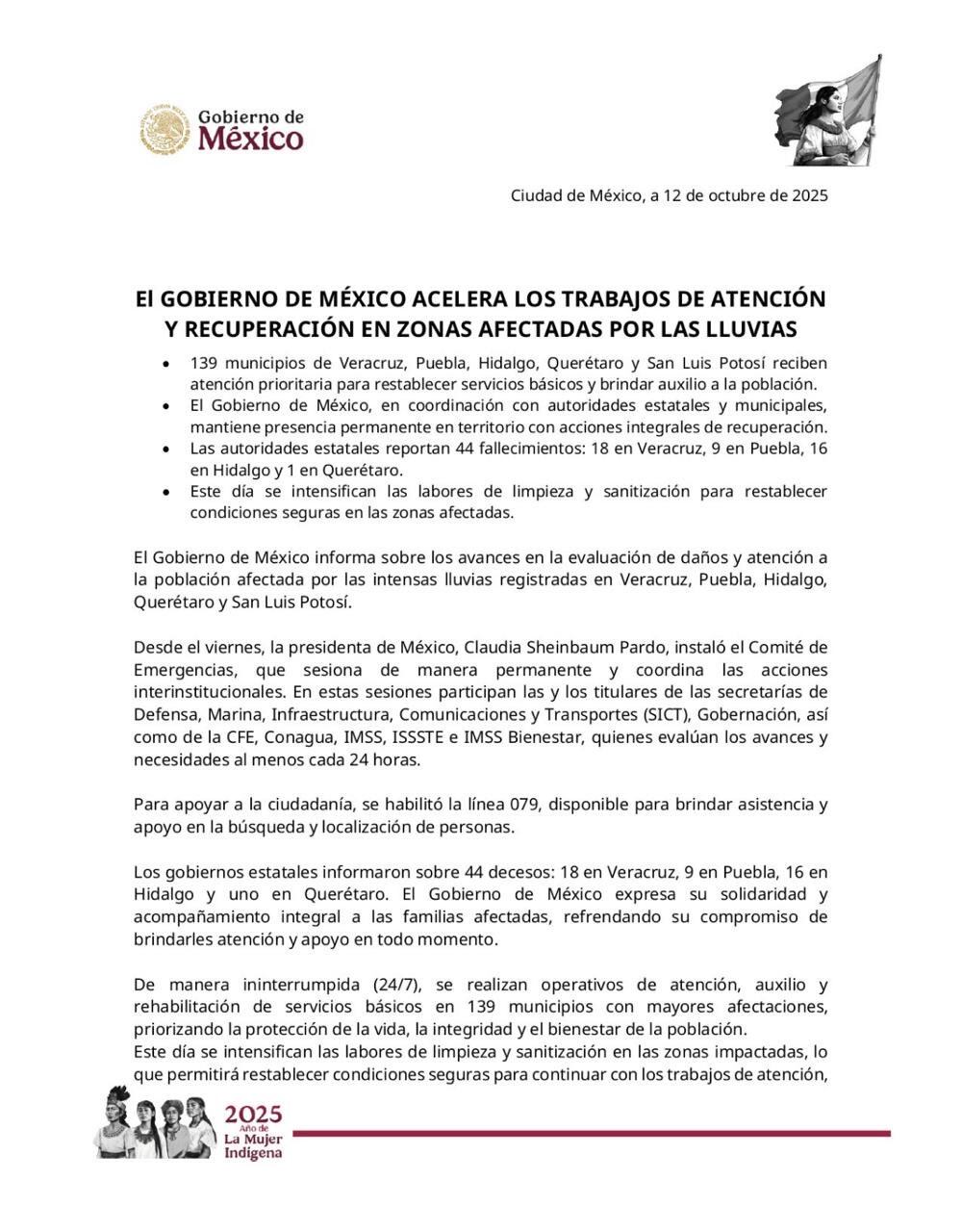 Gobierno de México sobre afectaciones por lluvias recientes