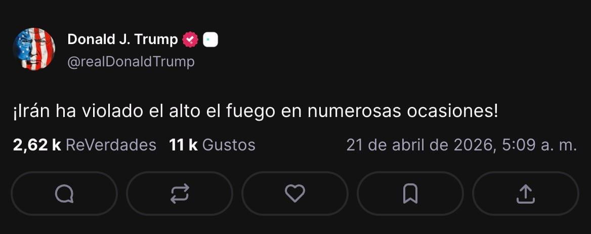 Donald Trump acusa a Irán de incumplir el alto al fuego repetidamente