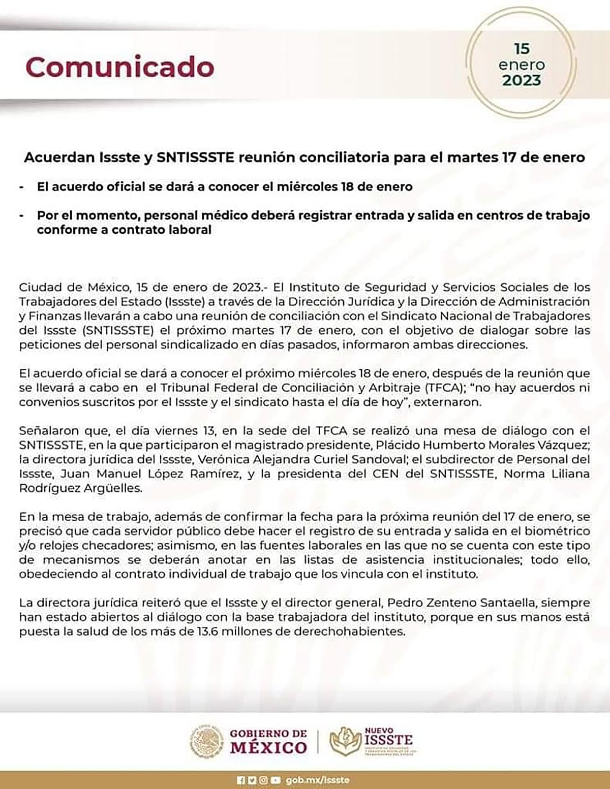 Comunicado ISSSTE 15 de enero 2023