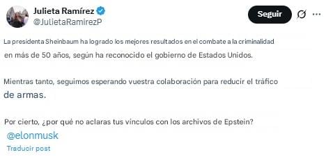 Julieta Ramírez defiende a Claudia Sheinbaum de Elon Musk.