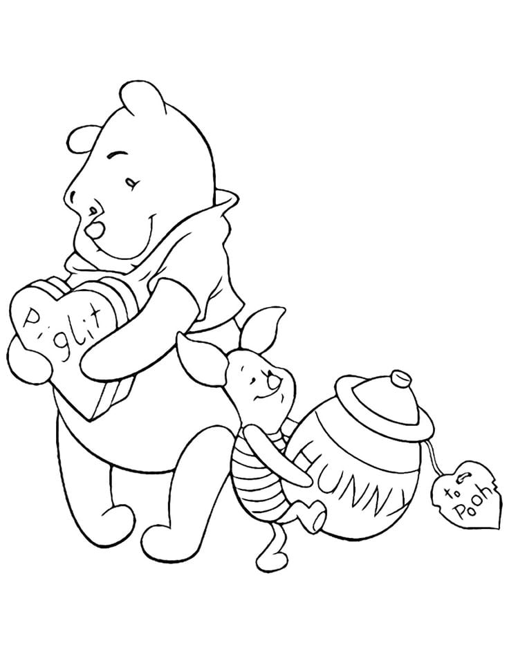 Plantillas para colorear en San Valentín: Intercambio de regalos entre Winnie Pooh y Piglet