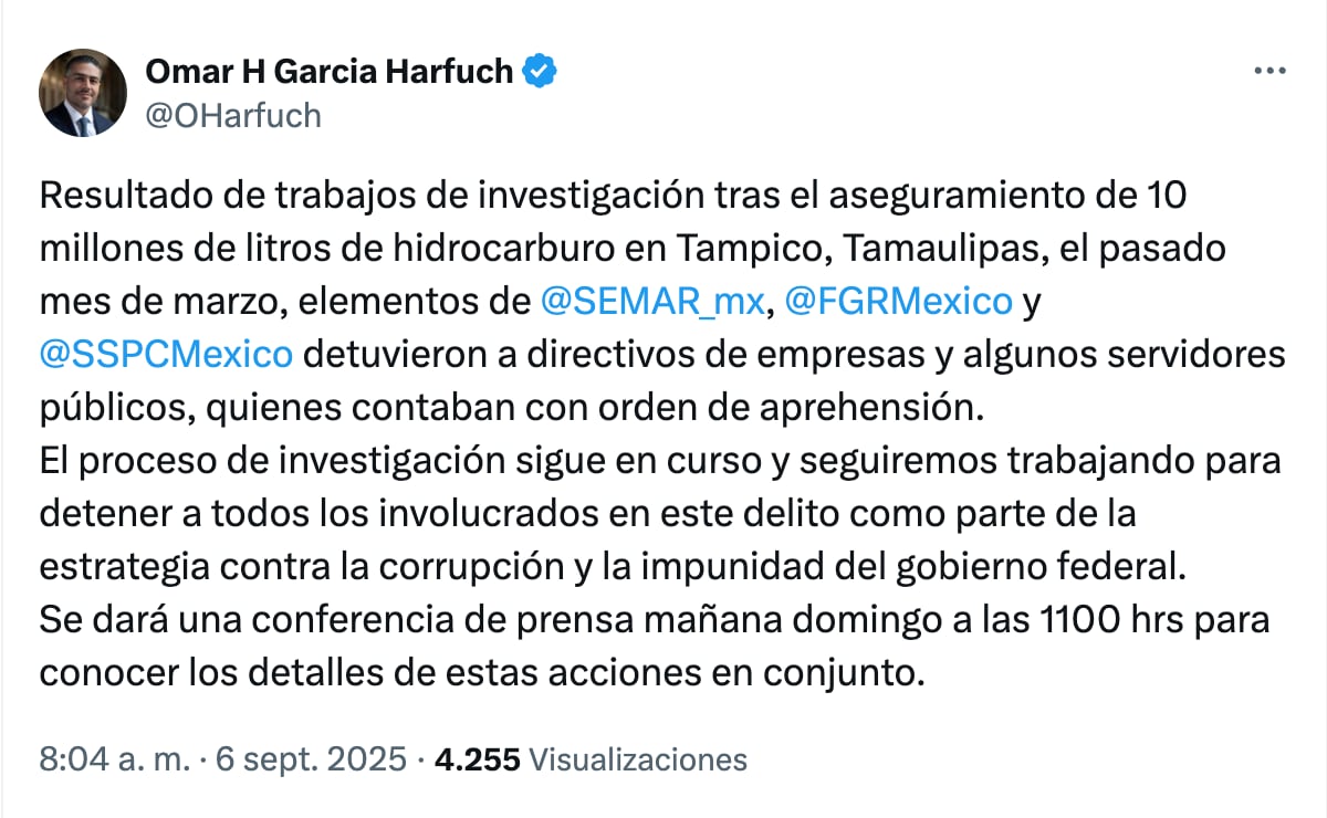Omar García Harfuch informa detención de empresarios y funcionarios vinculados al huachicol