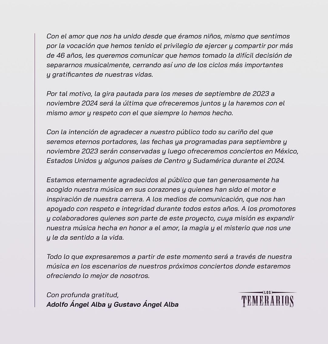 Los Temerarios anuncian su separación con gira de despedida.