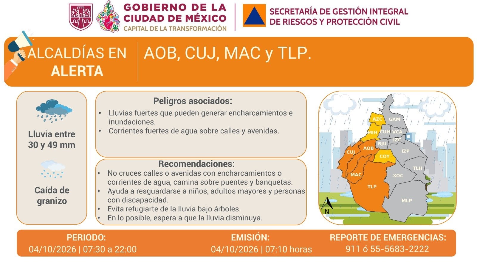 Activan alerta Naranja por lluvias en CDMX
