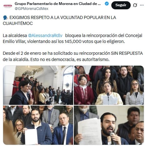 Morena pide a Alessandra Rojo de la Vega la incorporación de su concejal en Cuauhtémoc.
