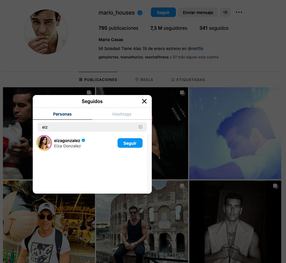 Mario Casas aún sigue a Eiza González en Instagram.