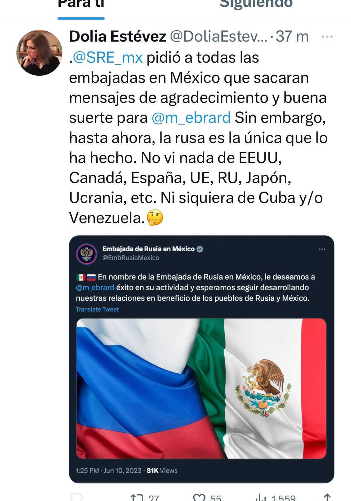 Embajada de Rusia en México despide a Marcelo Ebrard; otros países lo ignoran