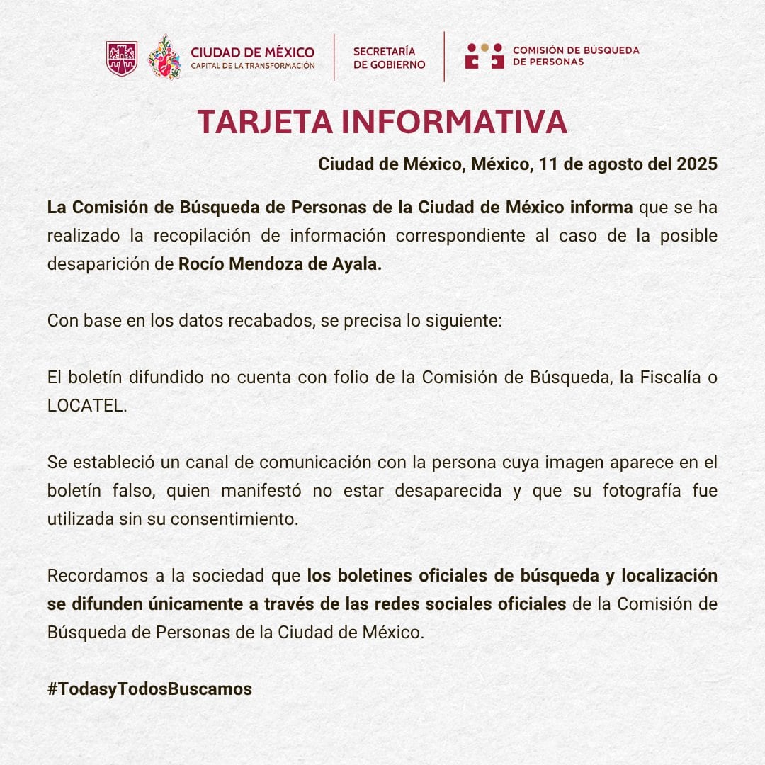 Ficha de búsqueda de Rocío Mendoza de Ayala es falsa.