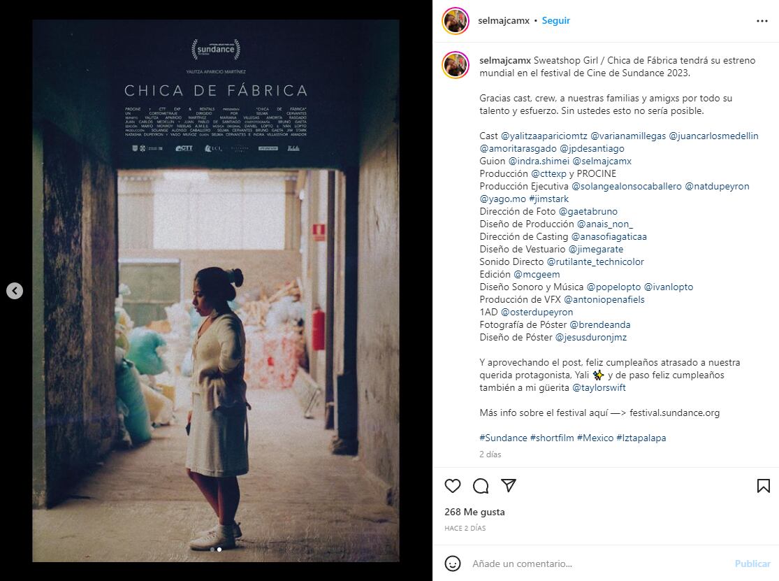 Publicación de Selma Cervantes anunciando el estreno de Chica de fábrica con Yalitza Aparicio