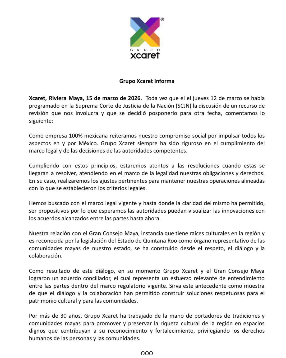 Grupo Xcaret prevé ajustes operativos ante resolución de la SCJN