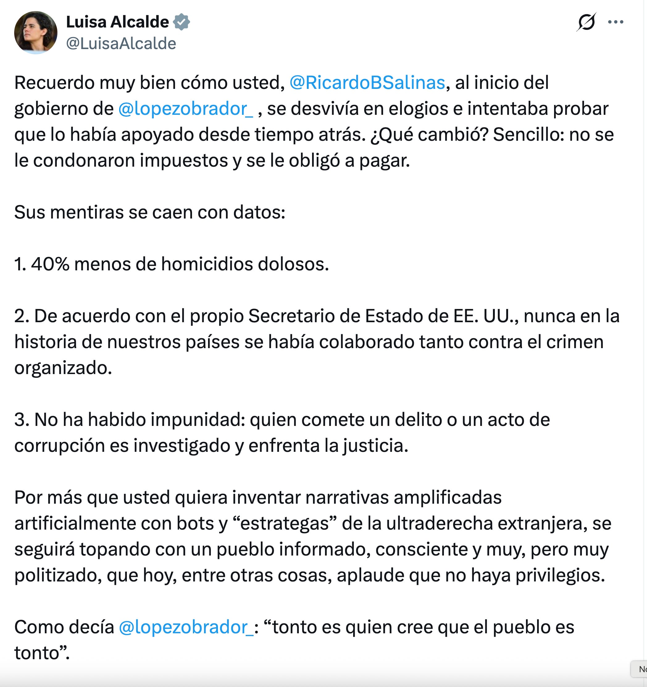 Luisa Alcalde responde a acusaciones de Ricardo Salinas Pliego