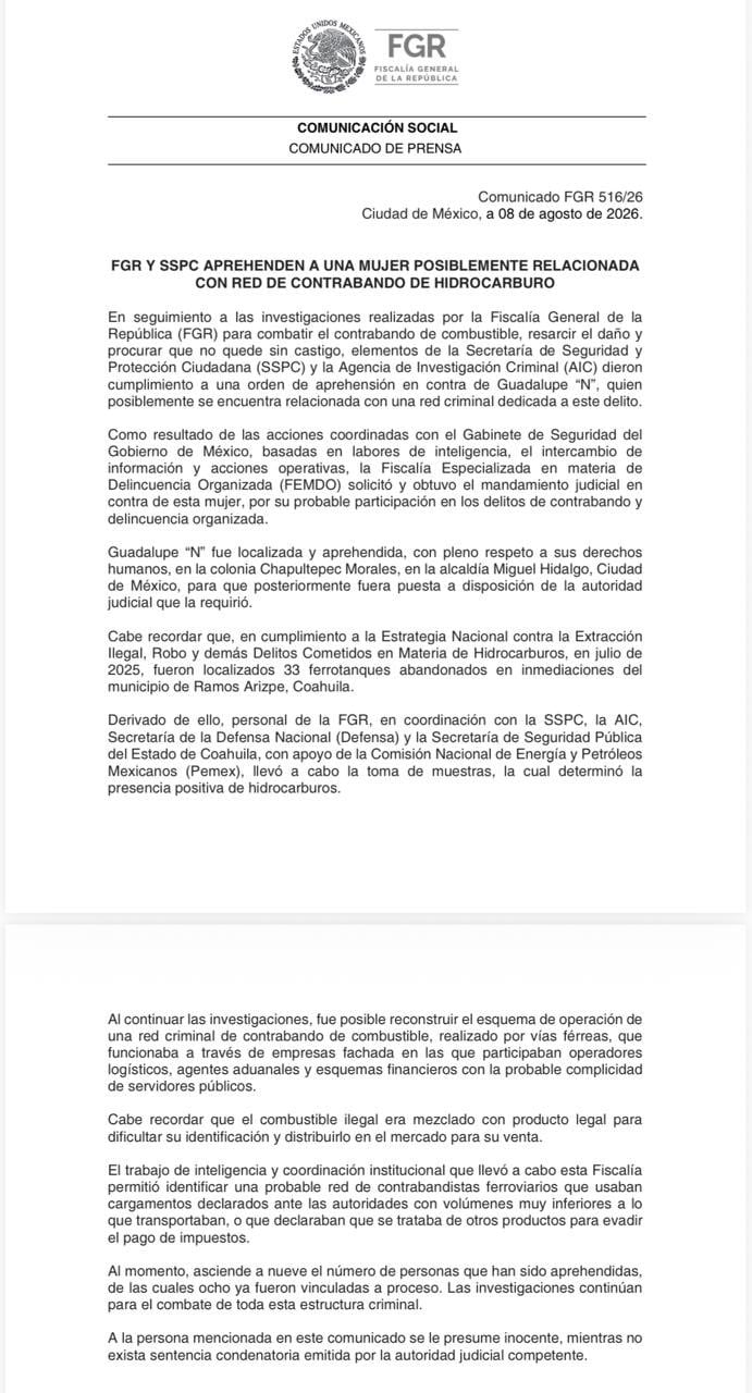 FGR detiene a Guadalupe Hernández, vinculada al caso de huachicol fiscal de Ruffo