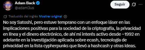 Adam Back rechaza con argumentos ser Satoshi Nakamoto de Bitcoin.