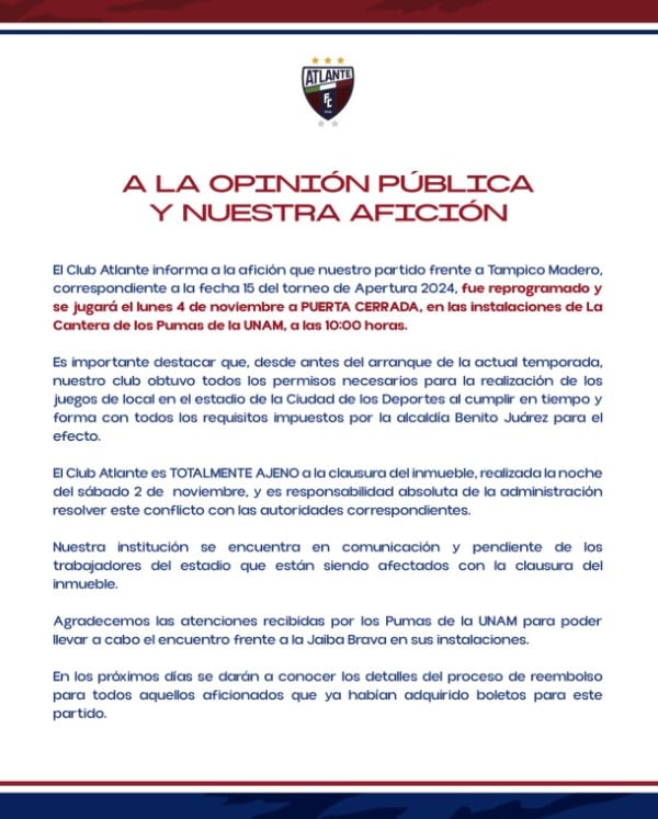 Comunicado del Atlante FC