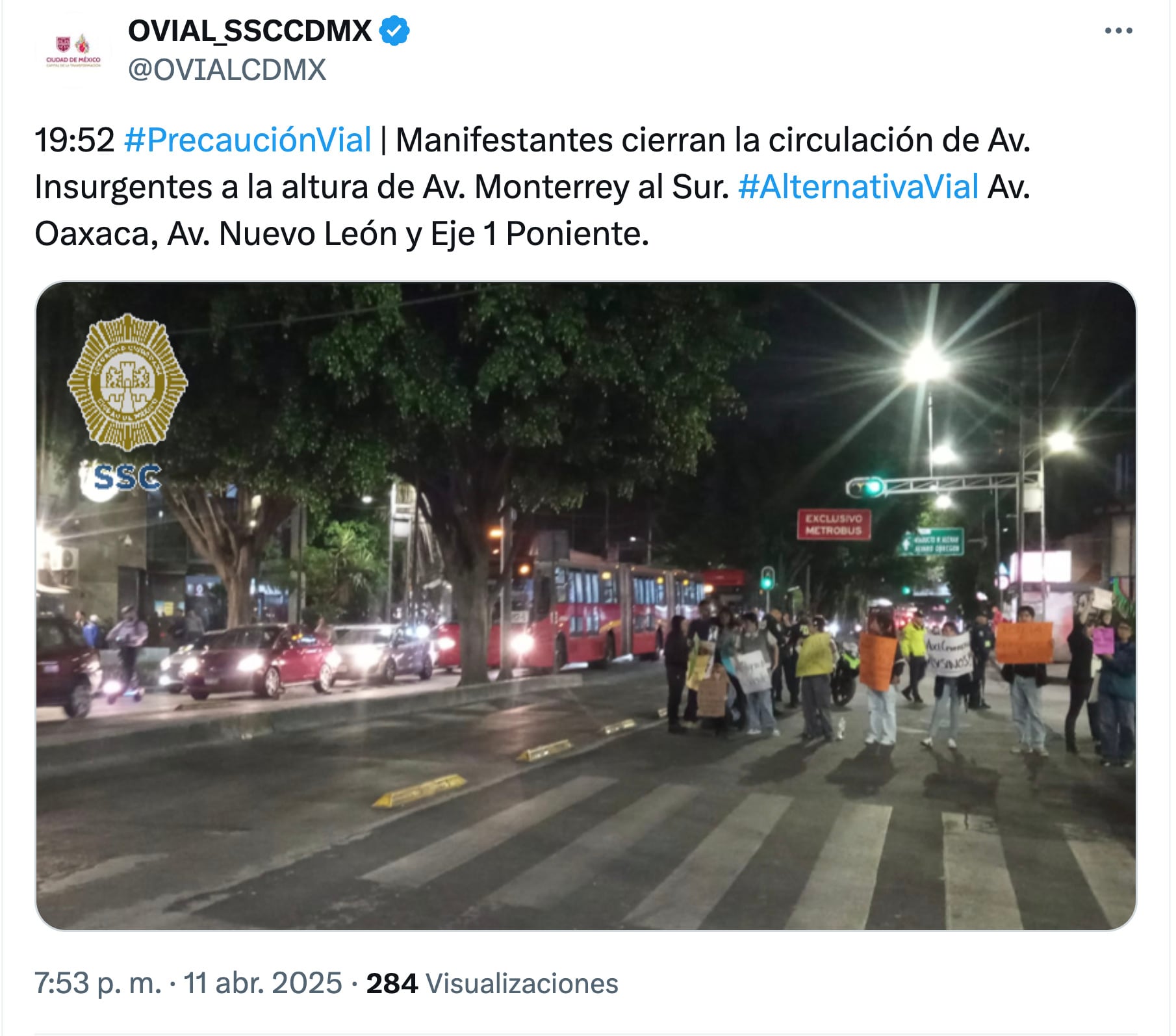 Bloqueo en Insurgentes hoy viernes 11 de abril