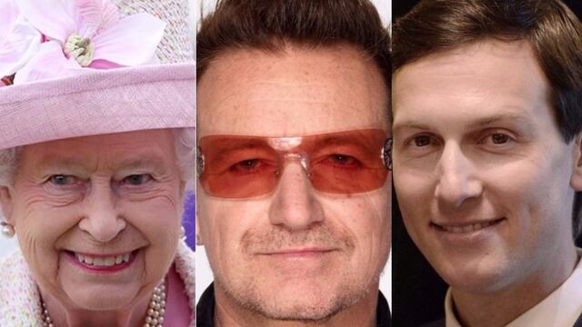 Reina Isabel II (izq), Bono de U2 (cto), Jared Kushner (der)