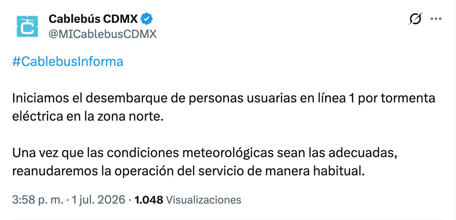 Cablebús Línea 1 suspende servicio por lluvias intensas en CDMX