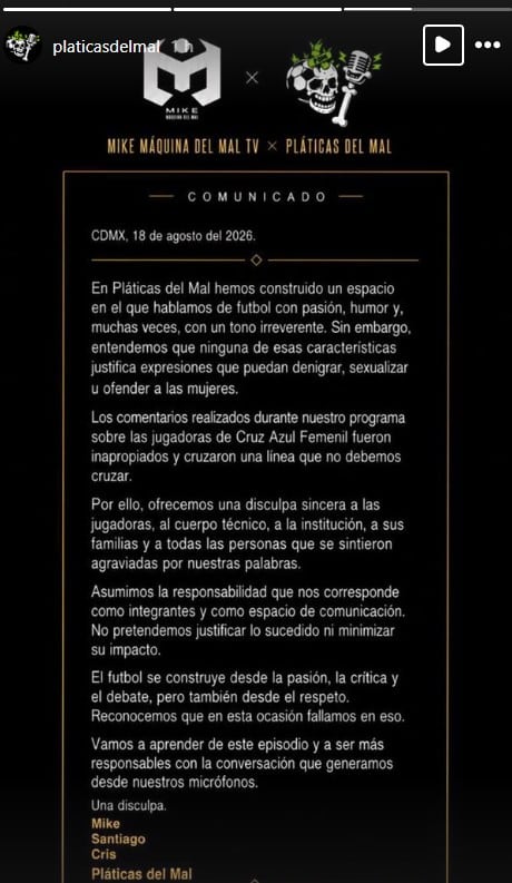 Pláticas del Mal se disculpa tras comentarios sobre las jugadoras de Cruz Azul tras el 10-0 ante América