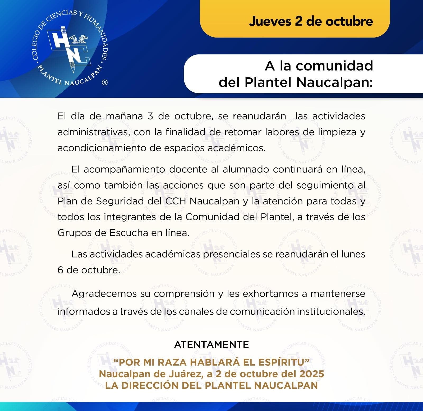CCH Naucalpan anuncia reanudación de clases presenciales