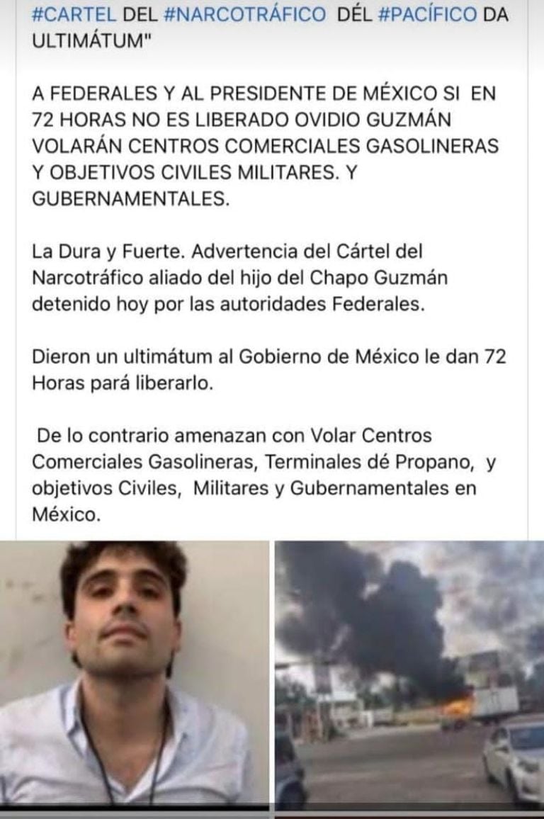 Supuesta amenaza que circula en redes sociales para la liberación de Ovidio Guzmán