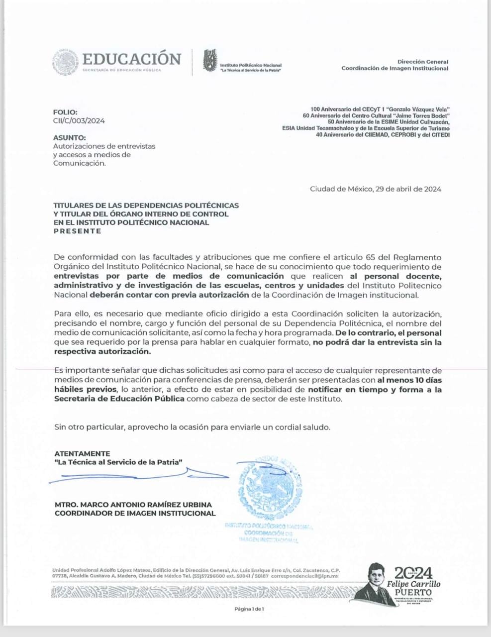 Documento del IPN donde se informa que se necesitarán autorizar las entrevistas de maestros e investigadores a medios de comunicación
