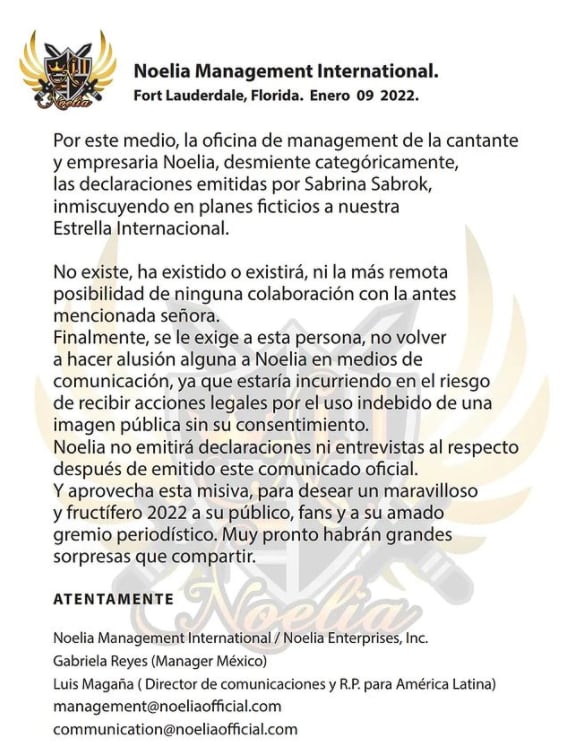 Noelia no quiere ser relacionada con Sabrina Sabrok