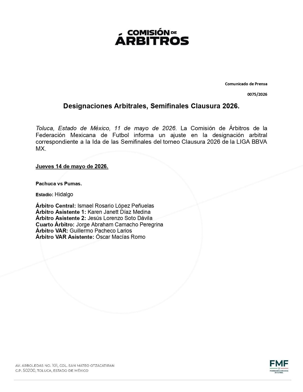 Comunicado de la Comisión de Árbitros