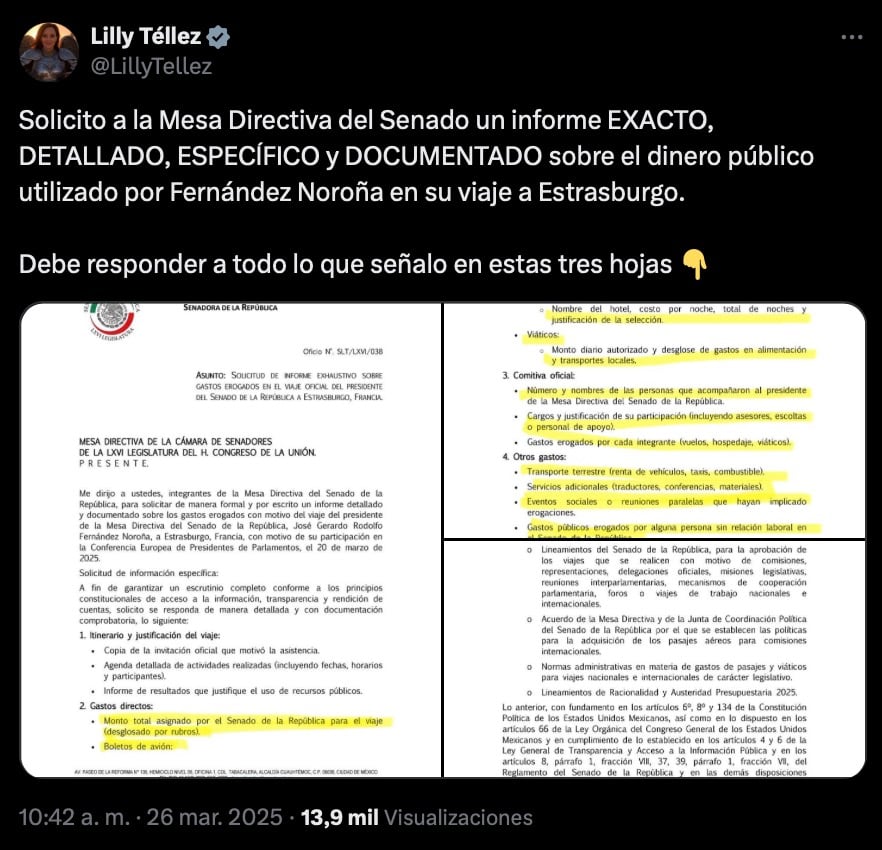 Lilly Téllez pide informe detallado de viaje a Francia de Gerardo Fernández Noroña
