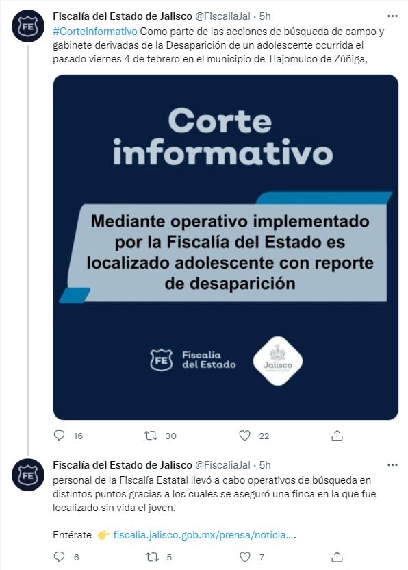 Tuit de la FIscalía de Jalisco