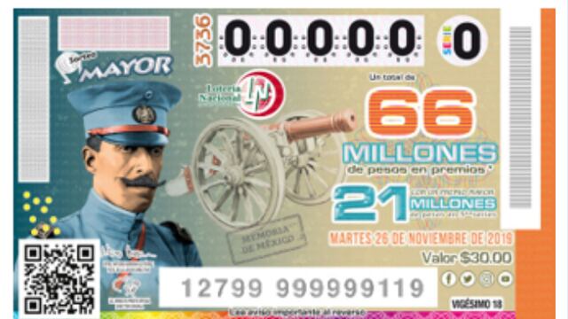 Billete de la Lotería Nacional por centenario del fusilamiento del General Felipe Ángeles.
