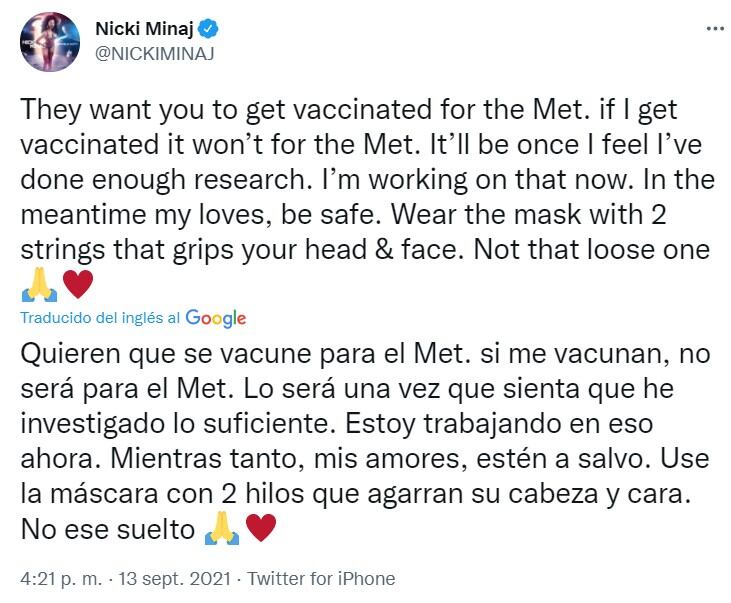Nicky Minaj revela que no se ha vacunado