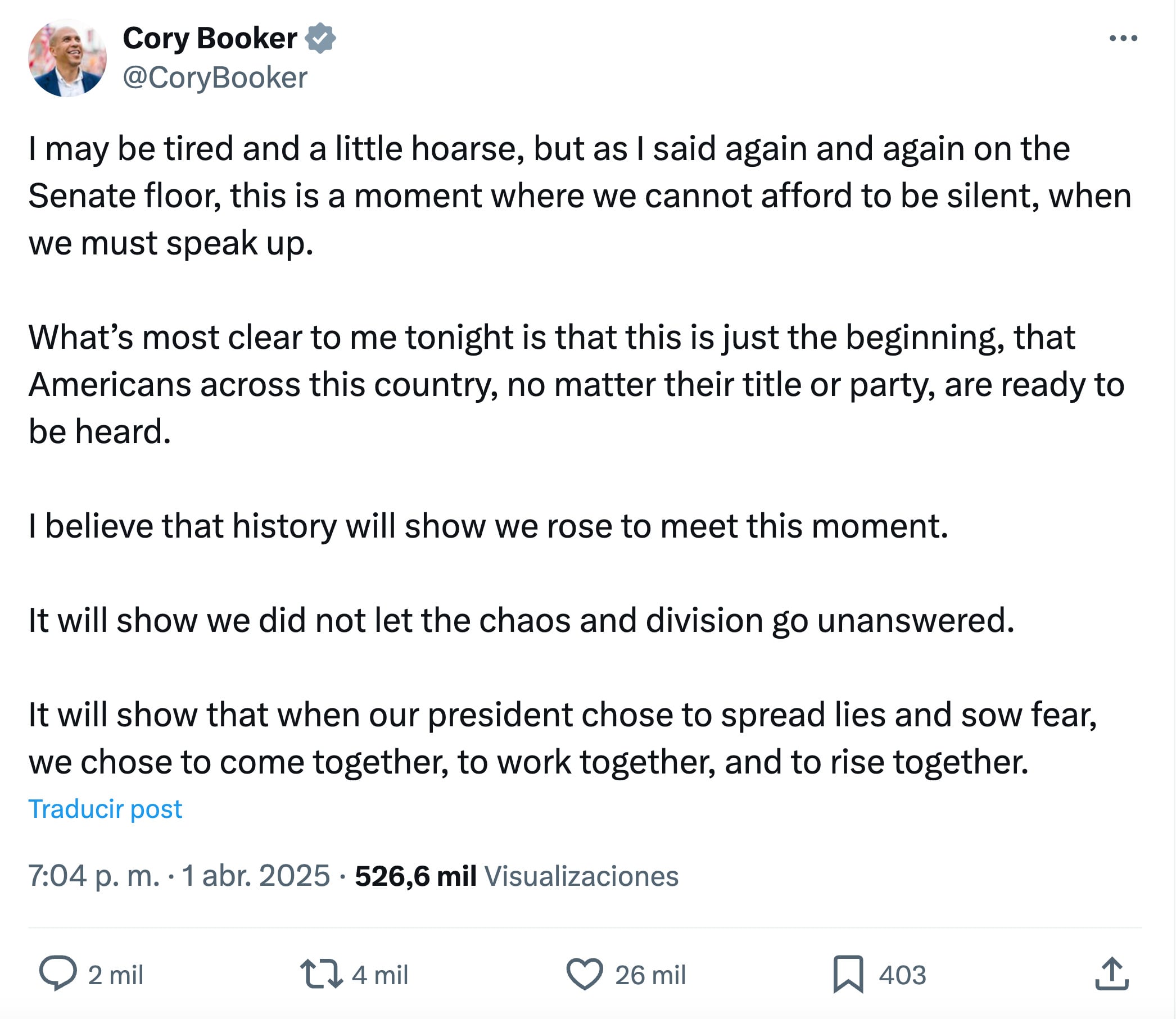 Cory Booker da el discurso más largo en la historia de Estados Unidos