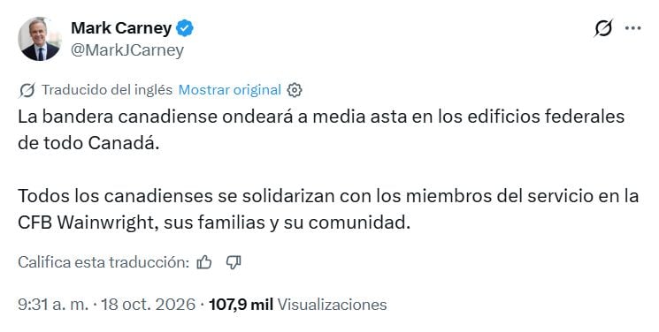 Mark Carney confirma 4 muertos tras incendio en una base militar de Alberta