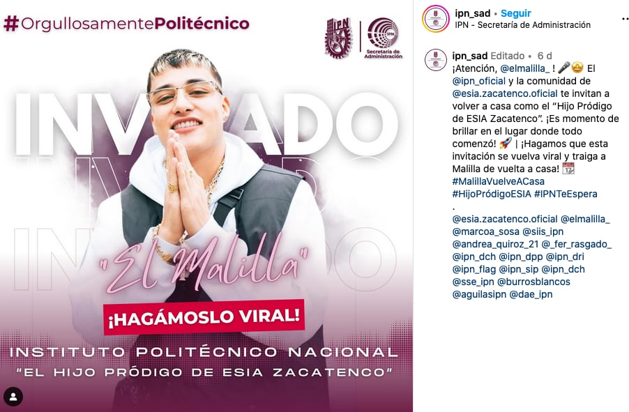 ESIA Zacatenco pide a El Malilla ir al IPN para nombrarlo "hijo pródigo".