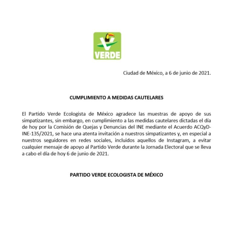 Partido Verde emite mensaje sobre violación a veda electoral.