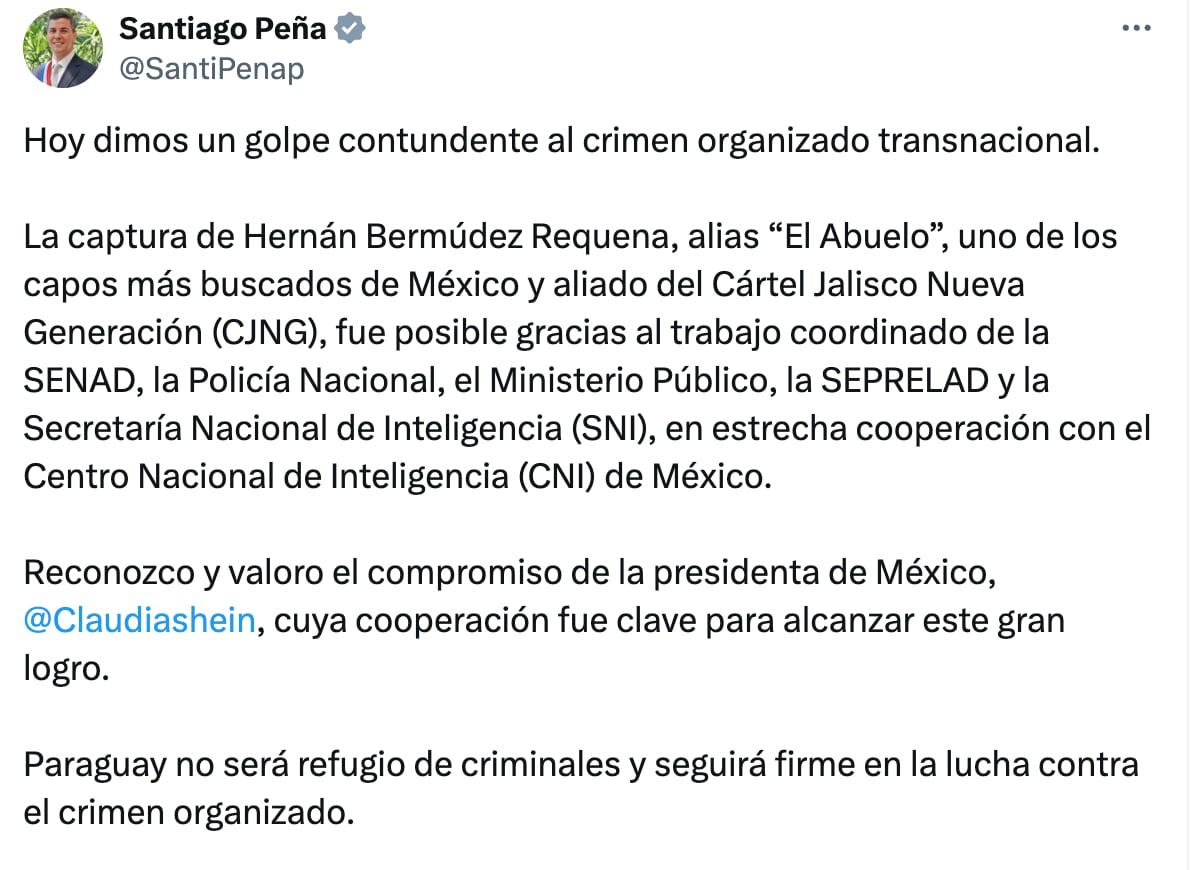 Santiago Peña, presidente de Paraguay, celebra detención de Hernán Bermúdez Requena